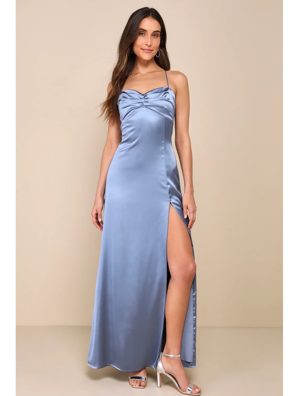 Lulus Stunning Example Slate Blue Satin Backless Maxi Dress Large NWT - Picture 2 of 14